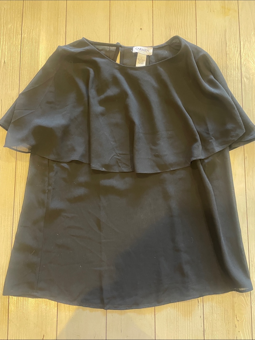 Carmen Marc Valvo Black Layered Flutter Blouse
